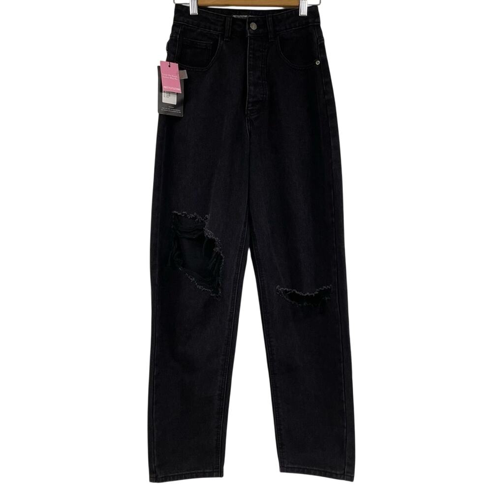 Pretty Little Thing Black Boyfriend Button Fly Womens Jeans Size 2 Distressed